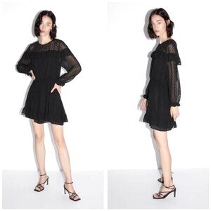 Zara Black Long Sleeve Sheer Dress with Swiss Dots. Ruffled. EUC. Size M